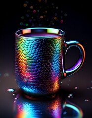 A sleek, iridescent snakeskin texture on a black background, minimalist coffee mug, glowing raindrops, abstract flower, and zen brushstrokes, reflecting morning sunshine with artistic sheen.
