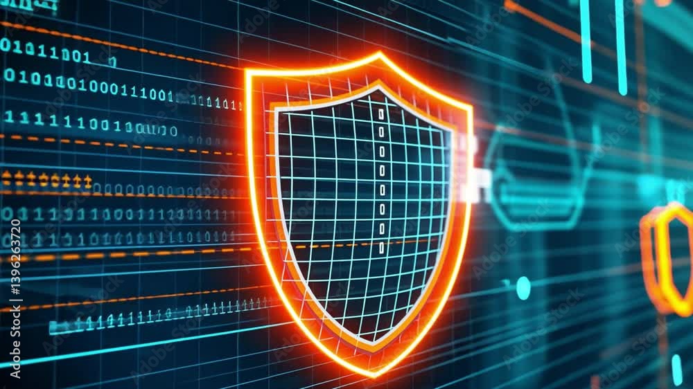 Poster digital shield neon graphic design of cybersecurity protection with binary data streams and technolo