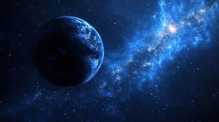 Obraz premium Abstract night sky featuring a dark blue gradient, stars, a galaxy, and a planet, creating a stunning cosmic wallpaper that evokes the beauty of the universe.