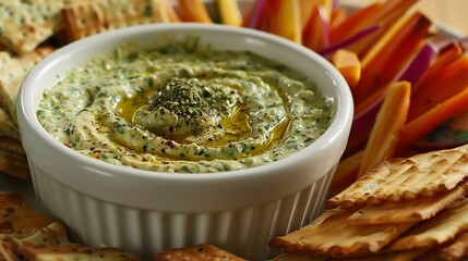 Zesty green goddess dip a minimalist white bowl smooth and herbaceous served with crunchy crudit