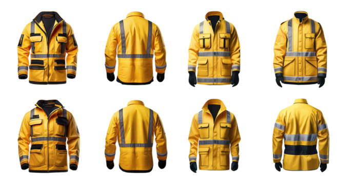 Various Styles of Reflective Yellow Safety Jackets for Work Use, PNG bundle collection, Isolated on Transparent Background