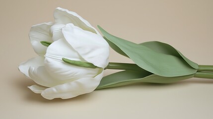 Fototapeta premium Single white tulip with green accents on a soft beige background, symbolizing purity for Women's Day.
