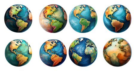Colorful Artistic Representations of the Earth and Global Landscapes, PNG bundle collection, Isolated on Transparent Background