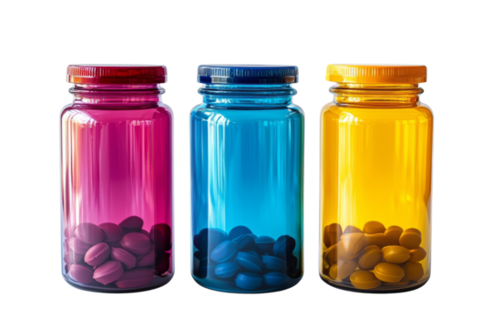 Three translucent bottles filled with pills of corresponding colors: red blue and yellow