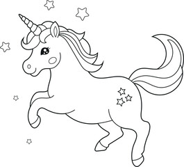 Illustration of a cute baby unicorn cartoon character. Black and white Printable Unicorn coloring page for kids, Bold and Easy Coloring Sheet
