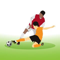 Obraz premium Duel striker and defender in the futsal, football, or soccer player vector. wearing orange and red shirts.