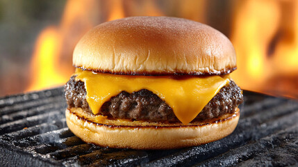 grilled classic cheeseburger with flames isolated on a flaming background