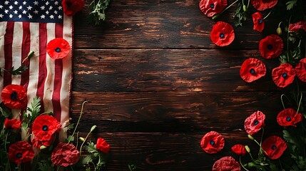 Solemn Memorial Day tribute with poppies and American flag reflecting sacrifice.