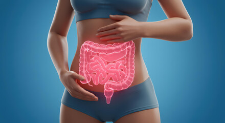 A visual representation shows a woman's torso with a highlighted digestive system. The illustration emphasizes health awareness and the importance of digestion in overall wellness