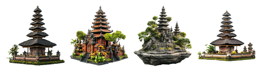 Traditional Balinese Temples in Various Scenic Settings, PNG bundle collection, Isolated on Transparent Background
