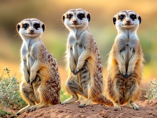 Curious meerkats in upright stance observing their surroundings on the african savanna