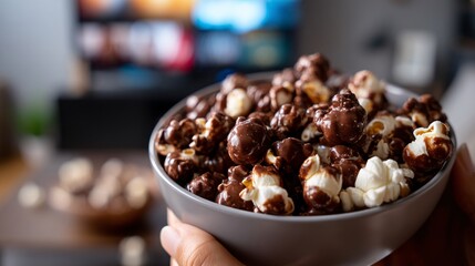 A cozy scene: enjoying a bowl of delicious, chocolate-covered popcorn while watching tv.
