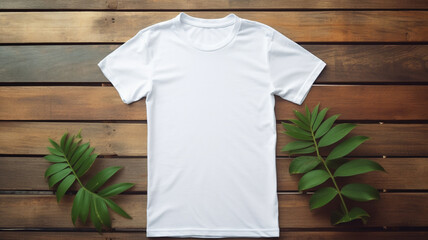 A white t-shirt neatly folded on a rustic wooden table, surrounded by cotton plants, mockup-ready, hyper-realistic textures