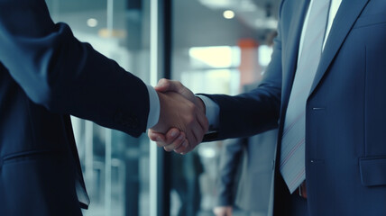 A man in a suit shaking hands in a modern corporate office, business deal concept, cinematic ultra-HD shot