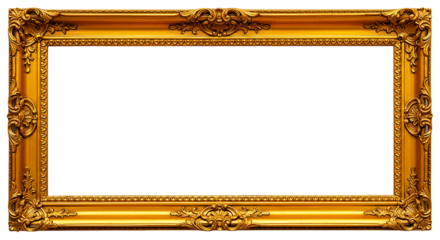 A golden ornate frame with intricate details and a black center rectangular space for artwork display