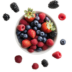  top view mixed berries around bowl isolated on a white background