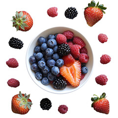 deconstructed berry arrangement flat lay isolated on a white background