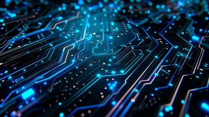 Close-up macro view of a complex electronic circuit board with glowing blue pathways, components, and data points against a dark background. Technology concept.
