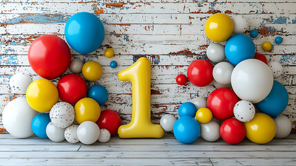 Colorful balloons surround a large shiny yellow number one against a distressed wooden wall and floor.