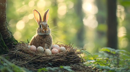 A brown rabbit sits protectively in a nest of eggs nestled at the base of a tree in a sun-dappled forest.