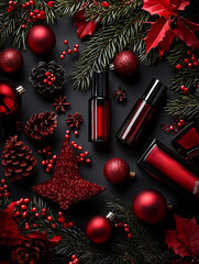 Festive beauty: Cosmetic bottles are nestled among rich red ornaments pine sprigs and sparkling stars on a dark background.