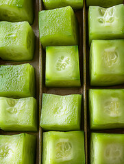 Close-up of perfectly cubed cucumbers arranged in a grid revealing their vibrant green color and seeded interiors.