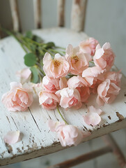 Pale pink roses rest on a weathered white wooden chair creating a soft and delicate still life.
