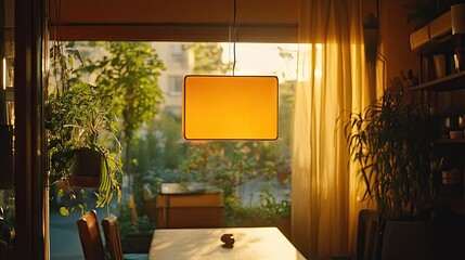 Brown square hanging lamp glowing above vintage furniture in quiet room