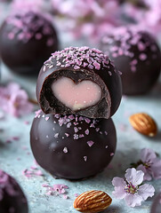 Chocolate-covered truffles with pink filling sprinkled with purple one cut open to reveal a heart shape.
