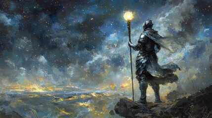 Fototapeta premium Enigmatic Warrior Gazing at Celestial Landscape Under Starry Sky