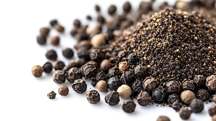 Aromatic black peppercorns and finely ground pepper powder arranged creatively