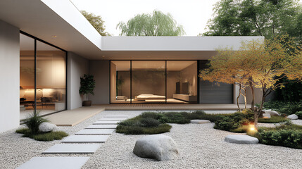 Scandinavian style house with nature, Realistic photo, modern, architecture, Scandinavian, residential, exterior, garden, nature, wood, harmony, calm, mode, refined, simple, minimalist,detached house