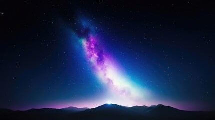 Naklejka premium Milky Way Galaxy over Mountains Dramatic Celestial Style High-definition Vivid Lighting Landscape Wide Shot Starry Night Celestial Wonder Deep Purple Hues Ideal for Space Exploration Websites