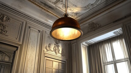 Interior composition with white ceiling, brown hanging lamp, and vintage dcor