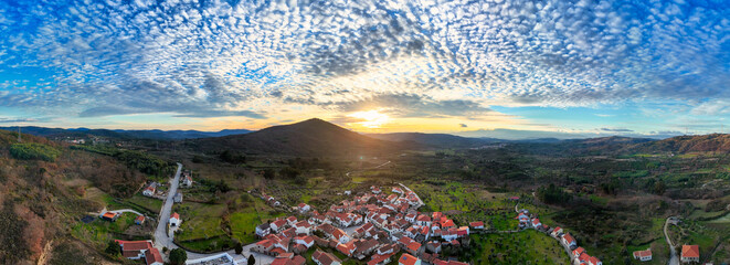 Aerial View of Moita Village, Sabugal, Portugal at Sunrise/Sunset