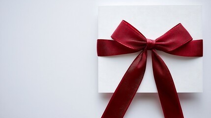 Handmade white Christmas greeting card a red ribbon bow beautifully displayed on a white background