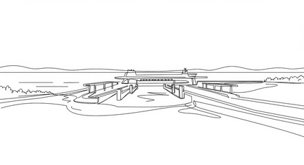 Minimalist line drawing of coastal ferry terminal with continuous black line style