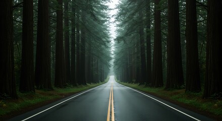 Obraz premium Road leading through towering trees - journey and exploration - travel and adventure blog post.