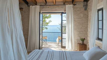 Mediterranean coastal suite with stone walls, a balcony overlooking the blue sea, and airy white curtains - Bright and natural lighting