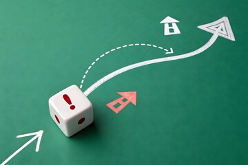 Strategic Pathway with Detour and Alert Symbol on Dice &ndash; Concept of Risk and Direction Change