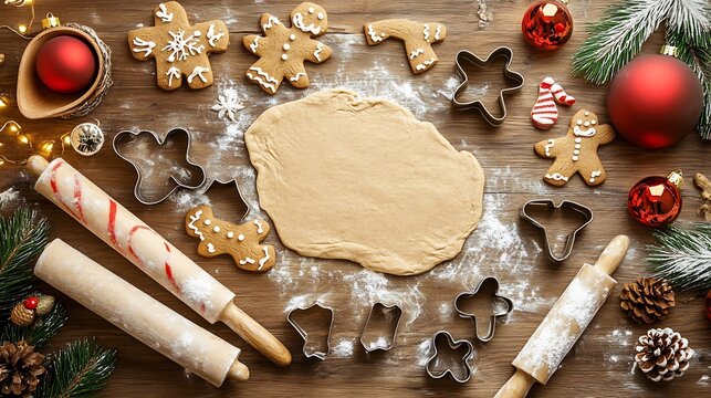 Holiday baking setup rustic wooden table with gingerbread cookie dough flour dusted rolling pins and festive cookie cutters