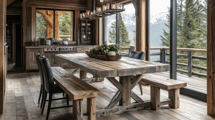 Fototapeta premium Trestle-style dining table crafted from Canadian wood with custom-fit bench and chairs