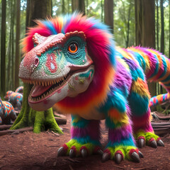 Multicolor big mouth dinosaur in jungle or forest in the background.