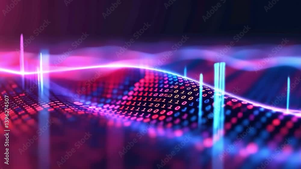 Poster vibrant digital visualization colorful waves and flowing lines of binary code representing technolog