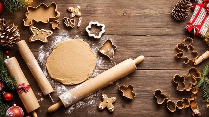 Holiday baking setup rustic wooden table with gingerbread cookie dough flour dusted rolling pins and festive cookie cutters