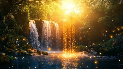 A mystical waterfall cascading into a serene pool surrounded by lush greenery and glowing lights
