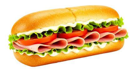 Close up of a long sandwich with ham tomatoes lettuce and mayonnaise on a black background view from front