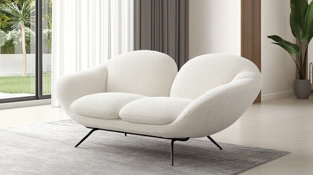 White chenille loveseat with rounded cushions and black metal legs on a gray rug