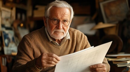 Elderly Man Focused on Blueprint Wisdom Experience and Planning in a Cozy Workspace