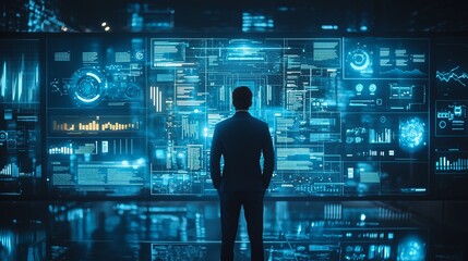 Business Professional Analyzing Data on Futuristic Digital Display Screen